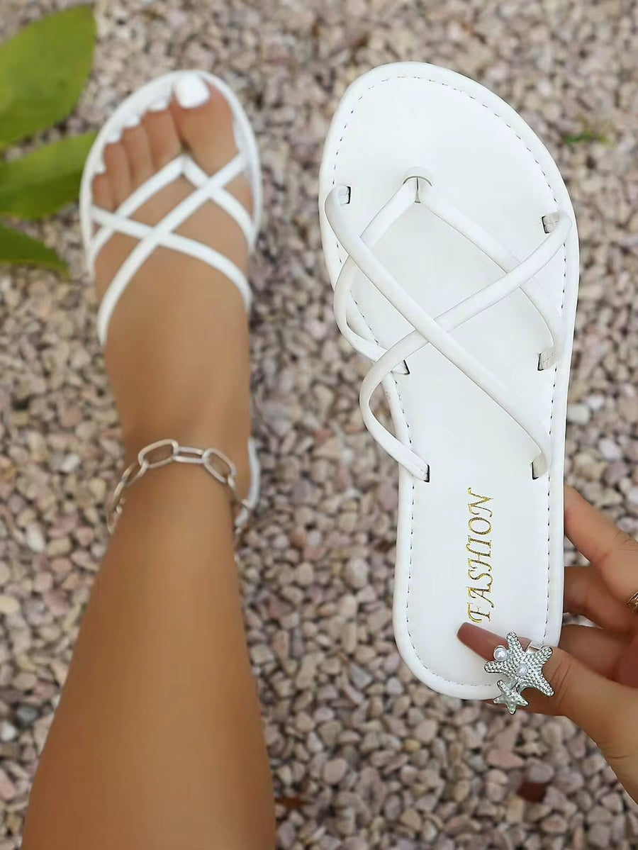 Women's Casual Outdoor French Elegant Comfortable Soft Beach Party Criss-Cross Strap Flip Flops Flat Round Toe Sandals